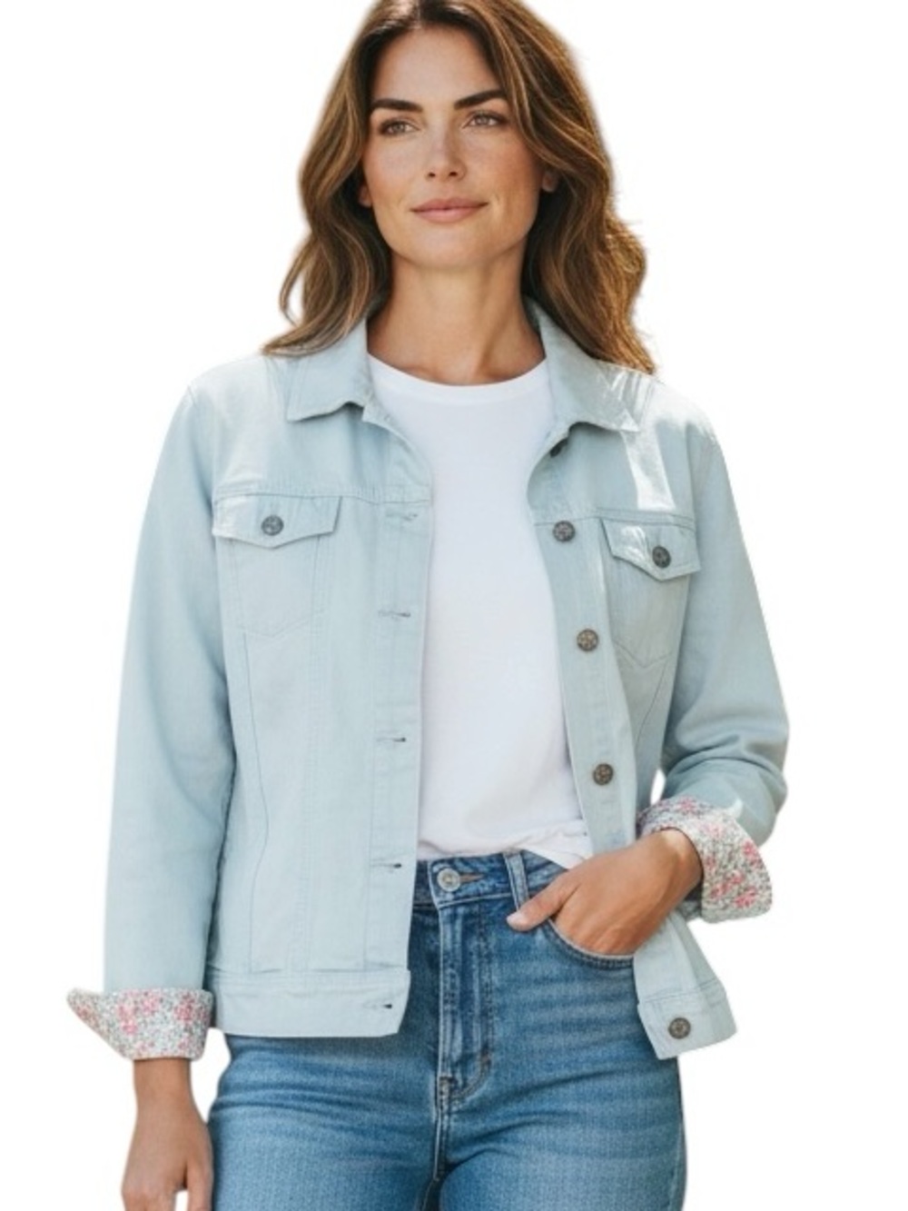 L.L. Bean Vintage Light Blue Green Denim Floral Contrast Trucker Jacket XL